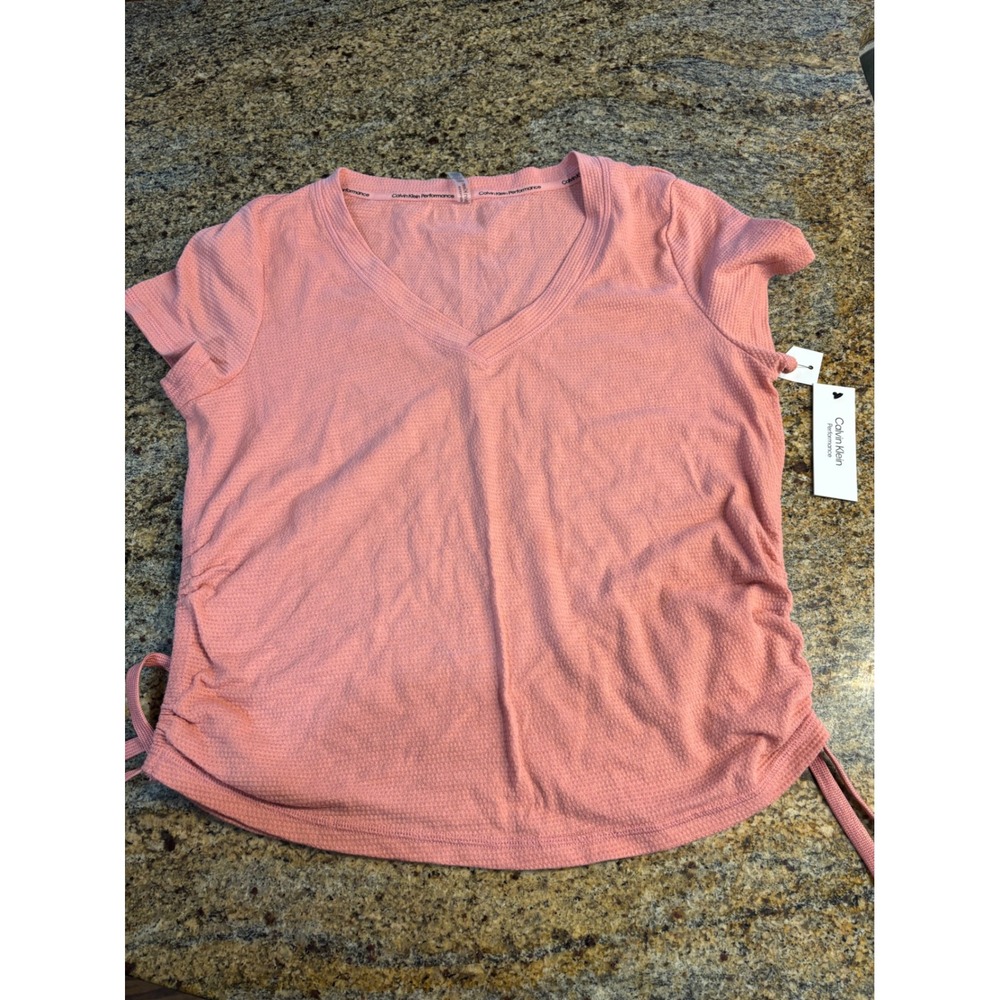 NWT Calvin Klein Performance Womens V-Neck Ruched Side Waffle‎ Knit Top Pink L